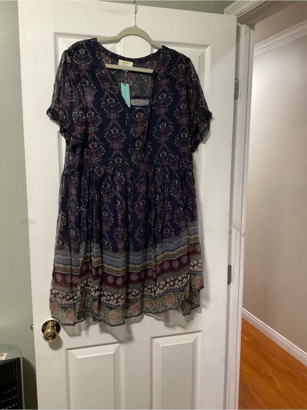 Anthropologie Navy Mixed-Print Short-Sleeve Tiered Mini Dress